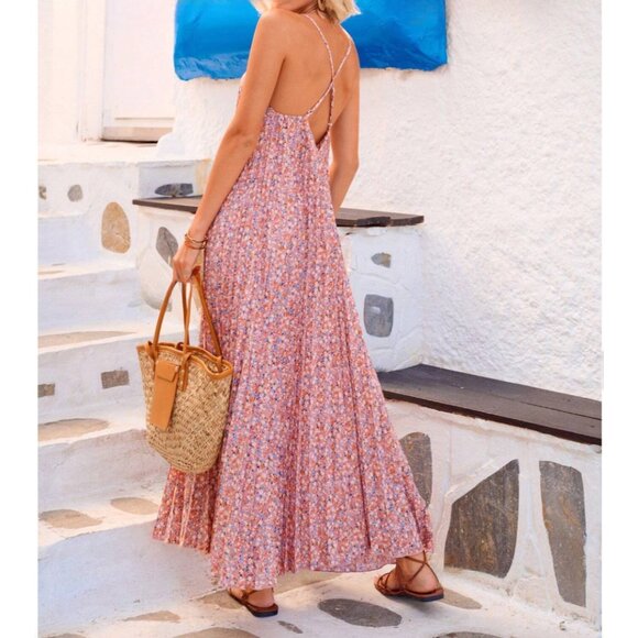 Floral Backless Pleated Sleeveless Cami Dress Pink - Picture 3 of 7